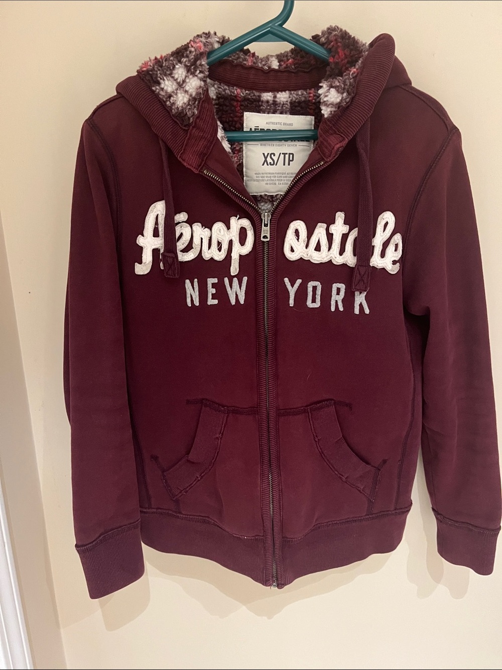 Aeropostale Women’s Burgundy Zip-Up Hoodie with Sherpa Lined Hood